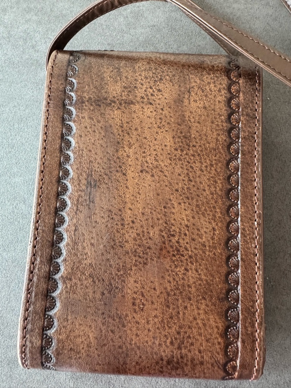 Tooled Western Style Crossbody Bag Brown Faux Leather Small Festival Purse Boho - Picture 4 of 11
